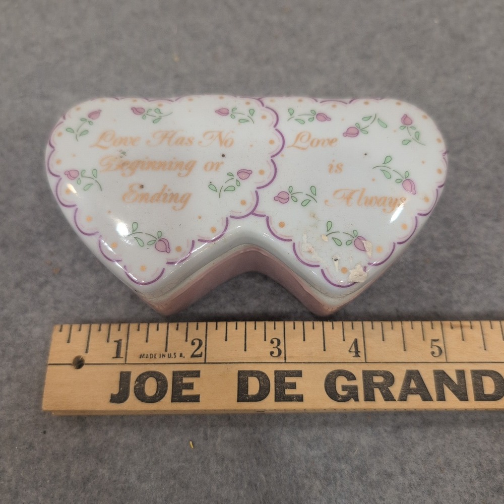 Double Heart Ceramic Trinket Box Pink White Love Sentiment Floral Keepsake - Picture 4 of 5